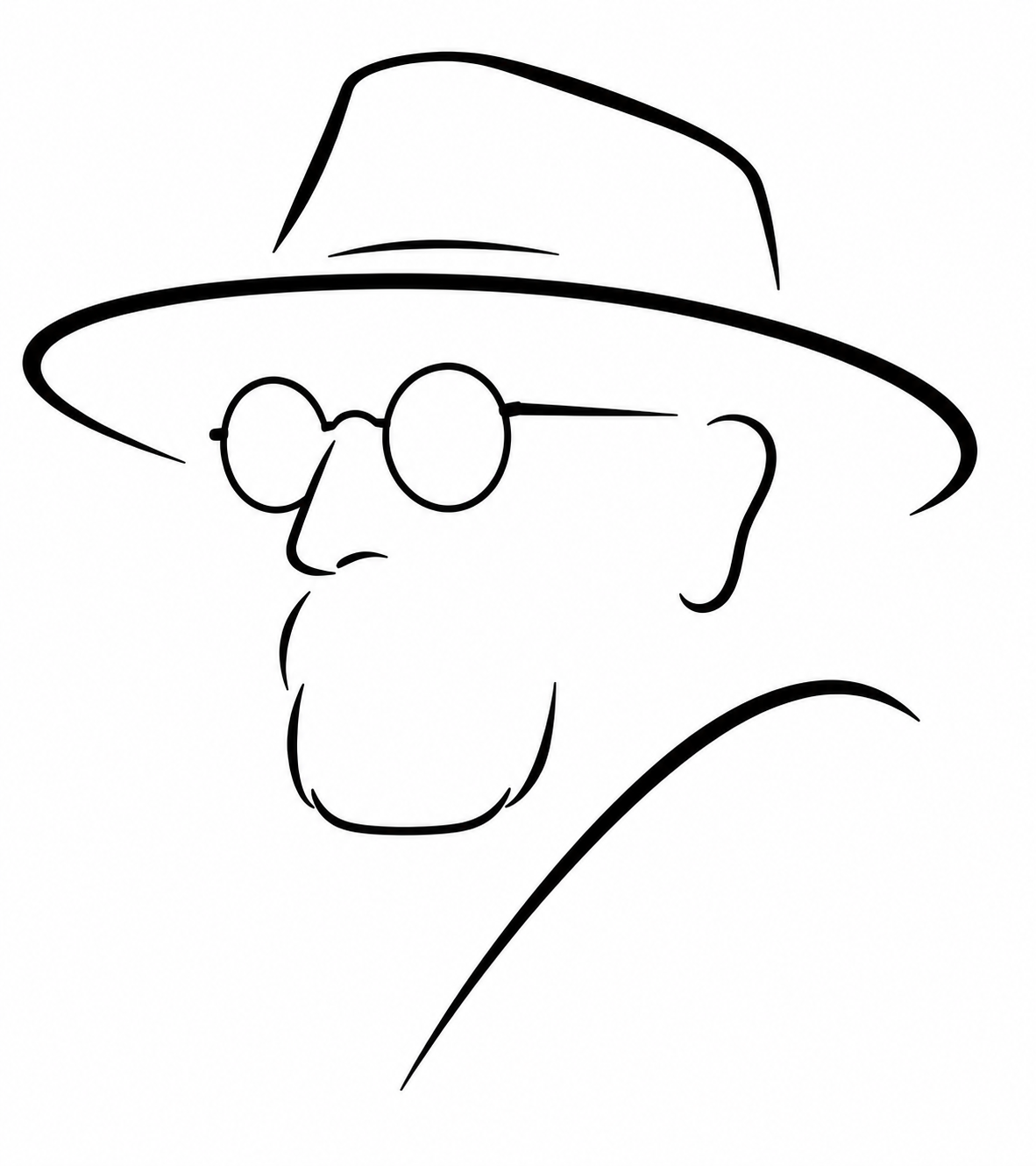 Line drawing of Russell in his hat and round glasses